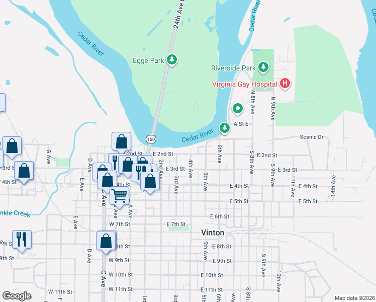 map of restaurants, bars, coffee shops, grocery stores, and more near 201-299 4th Avenue in Vinton