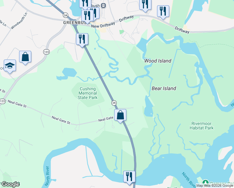 map of restaurants, bars, coffee shops, grocery stores, and more near 130 Chief Justice Cushing Highway in Scituate