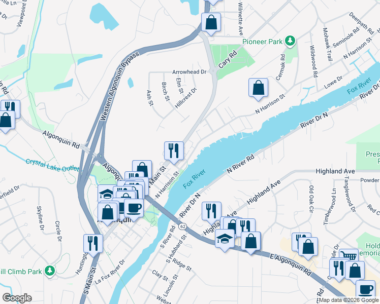 map of restaurants, bars, coffee shops, grocery stores, and more near 436 North Harrison Street in Algonquin