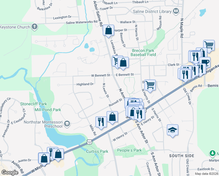 map of restaurants, bars, coffee shops, grocery stores, and more near in Saline