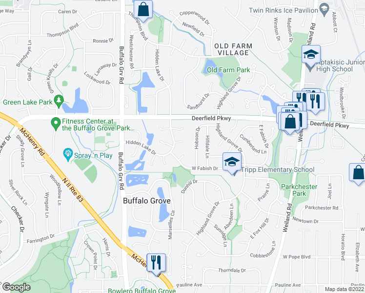 map of restaurants, bars, coffee shops, grocery stores, and more near 961 Harvest Circle in Buffalo Grove