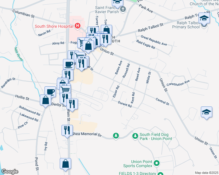 map of restaurants, bars, coffee shops, grocery stores, and more near 120 Gas Light Drive in Weymouth