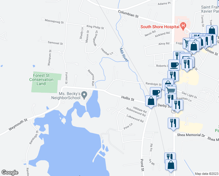 map of restaurants, bars, coffee shops, grocery stores, and more near 146 Randolph Street in Weymouth