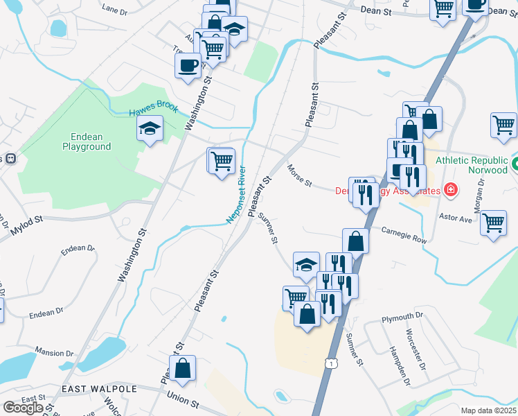 map of restaurants, bars, coffee shops, grocery stores, and more near 2 Sumner Street in Norwood