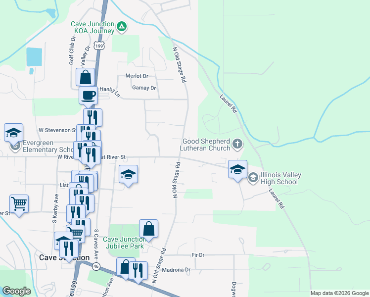 map of restaurants, bars, coffee shops, grocery stores, and more near 212 Honeybee Lane in Cave Junction