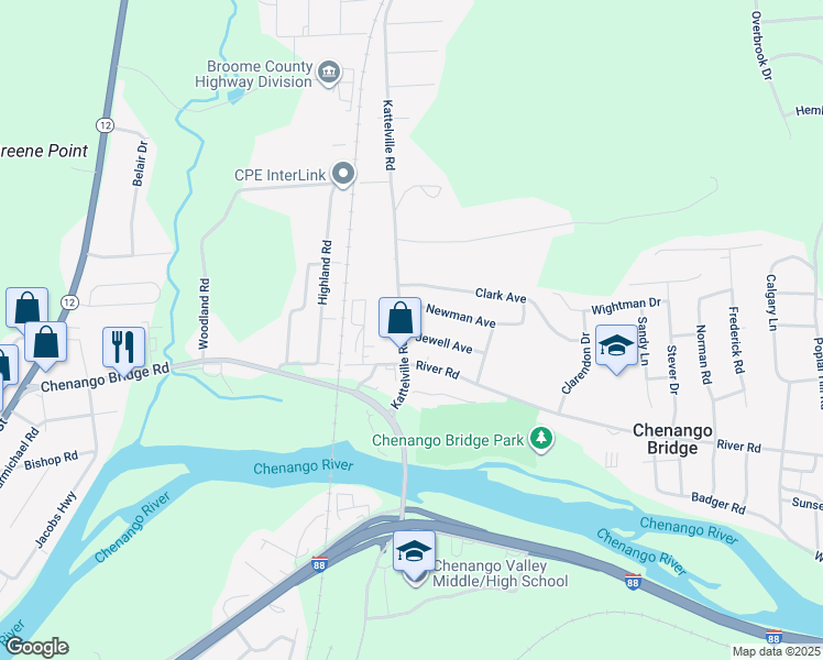 map of restaurants, bars, coffee shops, grocery stores, and more near 8 Kattelville Road in Binghamton
