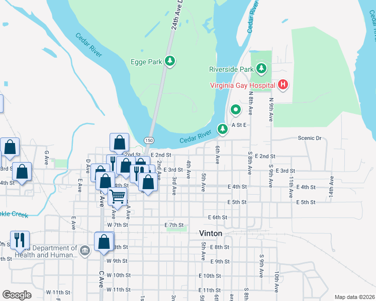 map of restaurants, bars, coffee shops, grocery stores, and more near 201-299 4th Avenue in Vinton