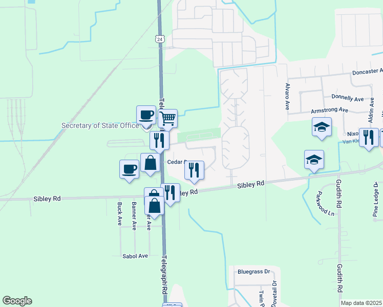 map of restaurants, bars, coffee shops, grocery stores, and more near 23876 Cedar Ridge Drive in Brownstown Charter Township