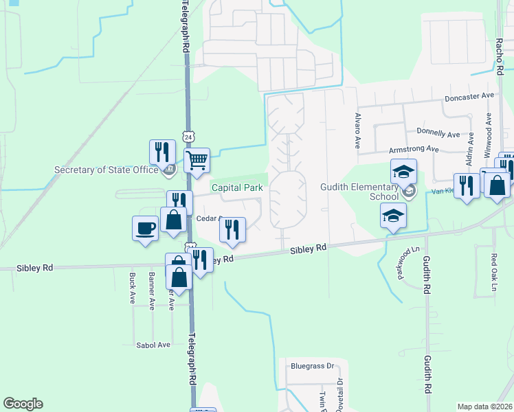 map of restaurants, bars, coffee shops, grocery stores, and more near 23600 Cedar Ridge Drive in Brownstown Charter Township