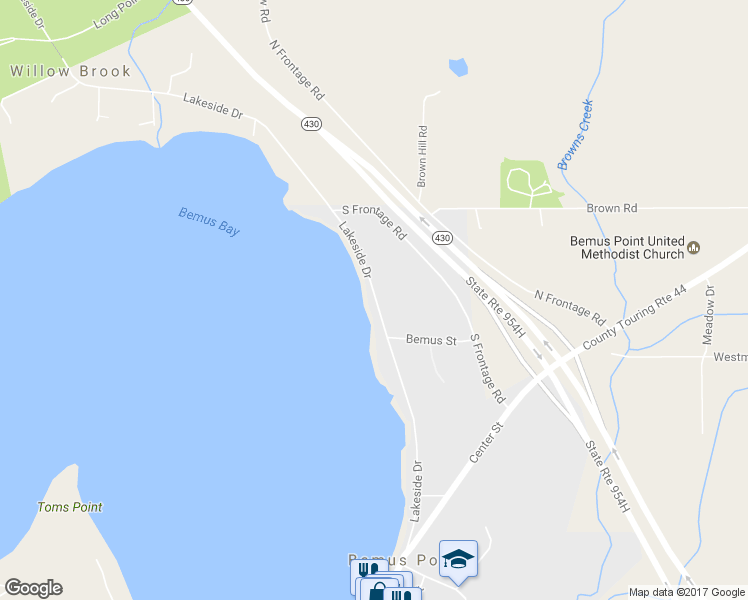 map of restaurants, bars, coffee shops, grocery stores, and more near 317 Lakeside Drive in Bemus Point
