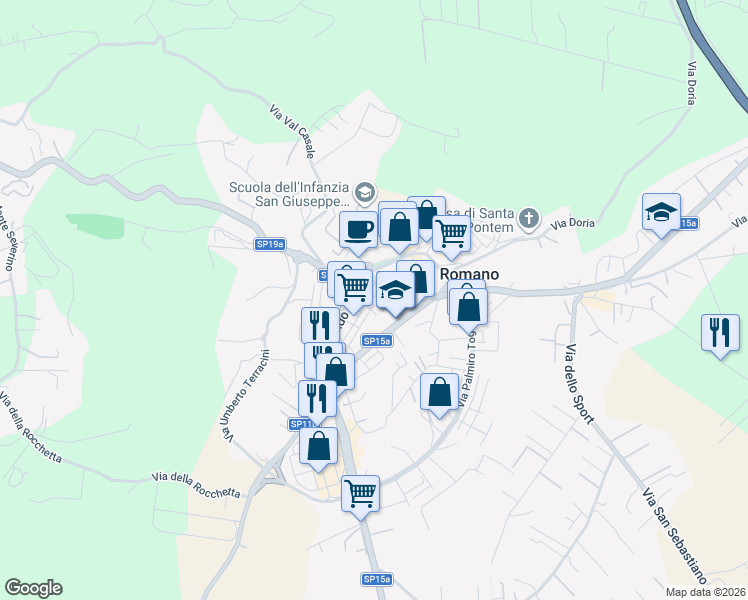 map of restaurants, bars, coffee shops, grocery stores, and more near 43 Via Filippo Turati in Fiano Romano
