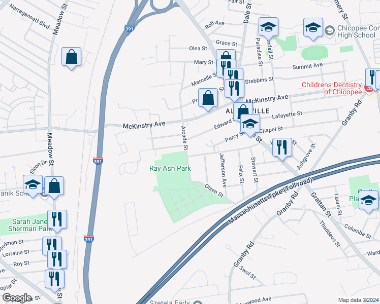 map of restaurants, bars, coffee shops, grocery stores, and more near 165 Trilby Avenue in Chicopee