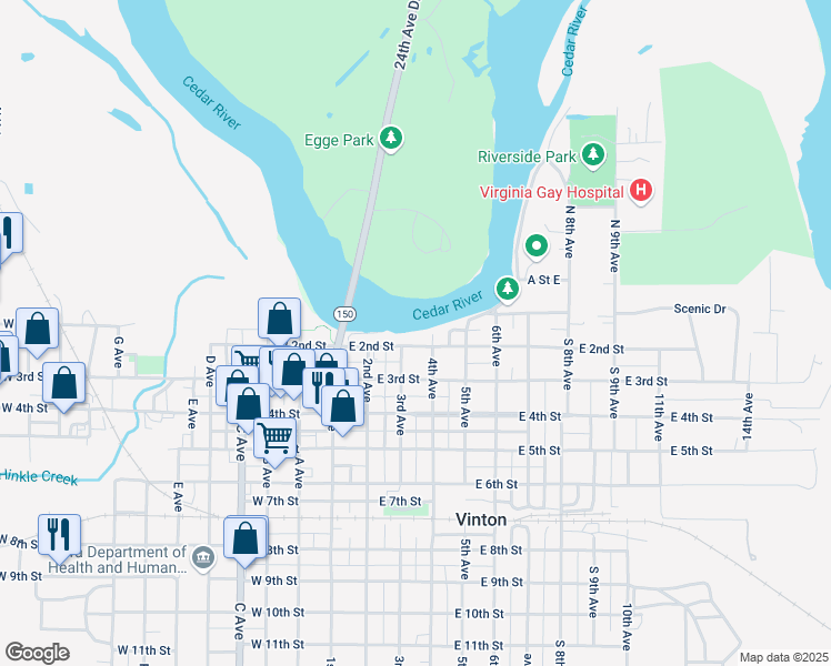map of restaurants, bars, coffee shops, grocery stores, and more near 201-299 4th Avenue in Vinton