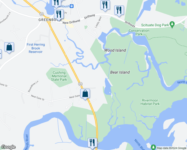 map of restaurants, bars, coffee shops, grocery stores, and more near 132 Chief Justice Cushing Highway in Scituate