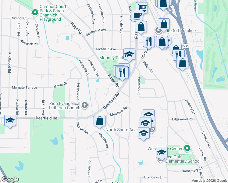 map of restaurants, bars, coffee shops, grocery stores, and more near 973 Coventry Lane in Highland Park