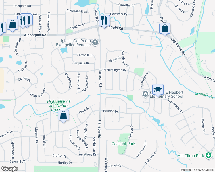 map of restaurants, bars, coffee shops, grocery stores, and more near 375 Partridge Court in Algonquin