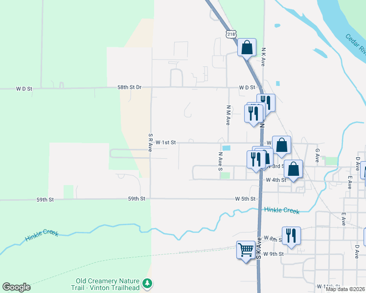 map of restaurants, bars, coffee shops, grocery stores, and more near 100 South Q Avenue in Vinton