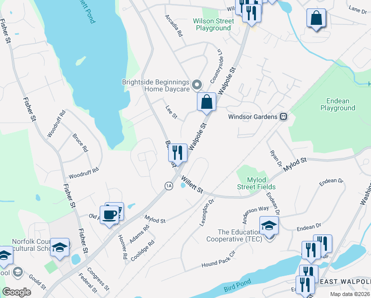 map of restaurants, bars, coffee shops, grocery stores, and more near 64 Main Street in Walpole