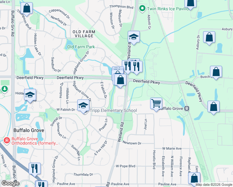map of restaurants, bars, coffee shops, grocery stores, and more near 370 Bentley Place in Buffalo Grove