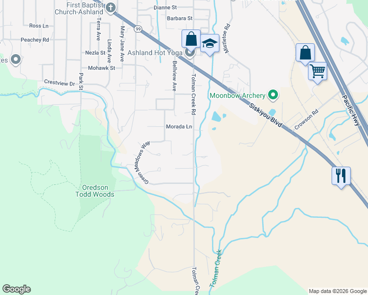 map of restaurants, bars, coffee shops, grocery stores, and more near 1355 Tolman Creek Road in Ashland