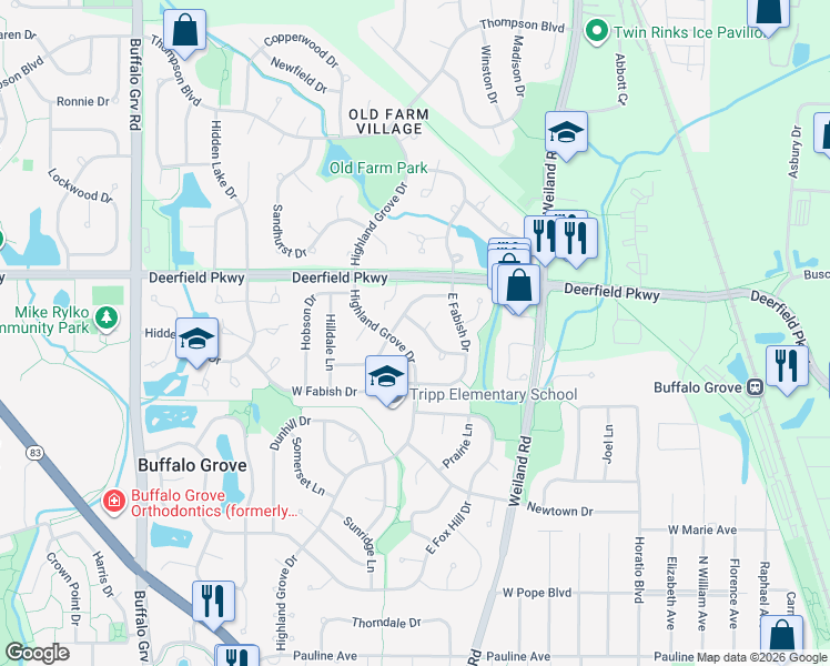 map of restaurants, bars, coffee shops, grocery stores, and more near 968 Cumberland Lane in Buffalo Grove