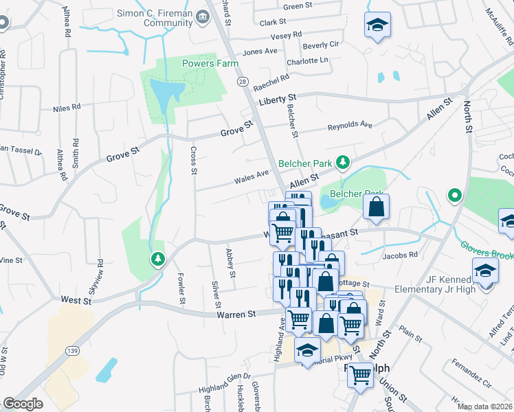 map of restaurants, bars, coffee shops, grocery stores, and more near 31 West Street in Randolph