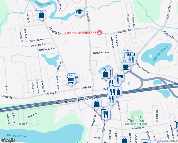 map of restaurants, bars, coffee shops, grocery stores, and more near 89 Fuller Street in Ludlow