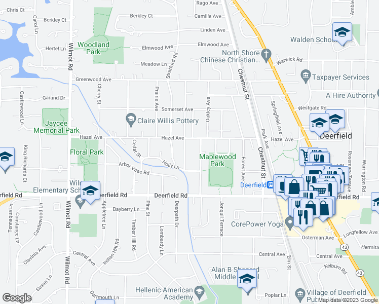 map of restaurants, bars, coffee shops, grocery stores, and more near 918 Woodward Avenue in Deerfield