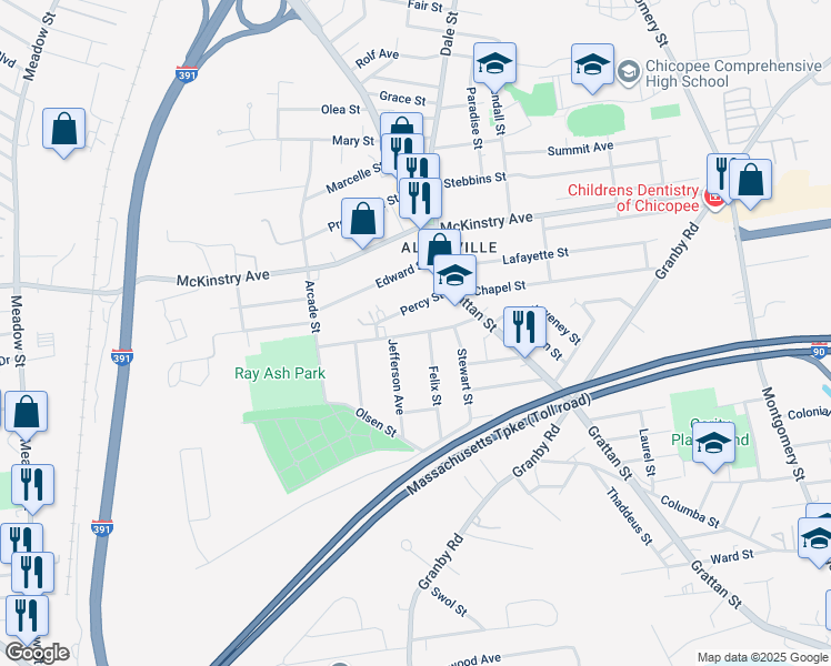 map of restaurants, bars, coffee shops, grocery stores, and more near 72 Trilby Avenue in Chicopee