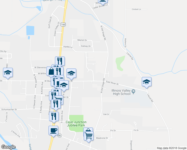 map of restaurants, bars, coffee shops, grocery stores, and more near 227 Shadowbrook Drive in Cave Junction