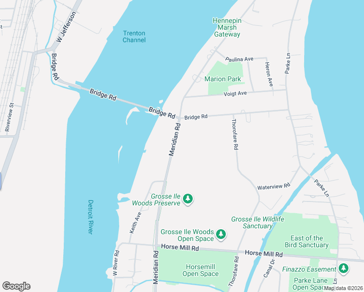 map of restaurants, bars, coffee shops, grocery stores, and more near 19237 Meridian Road in Grosse Ile Township