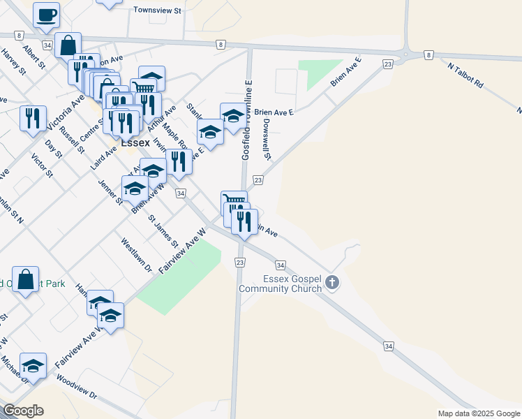 map of restaurants, bars, coffee shops, grocery stores, and more near 223 Irwin Avenue in Essex