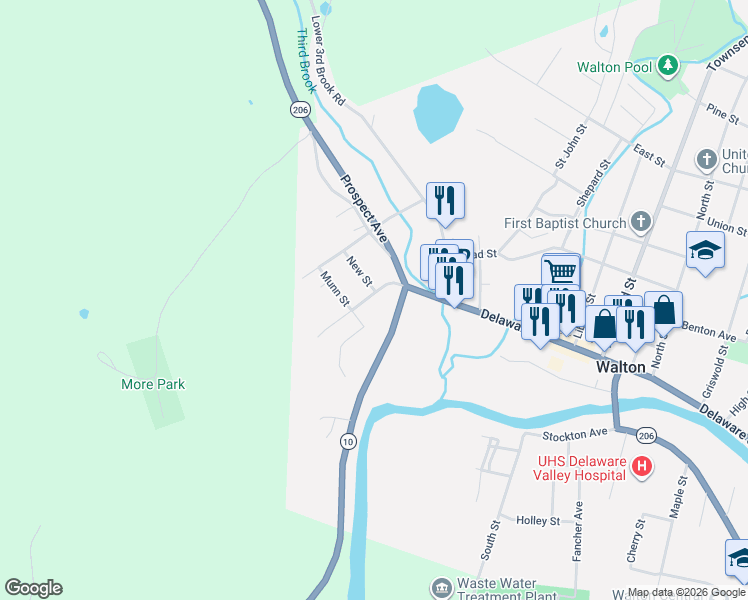 map of restaurants, bars, coffee shops, grocery stores, and more near 293 Delaware Street in Walton