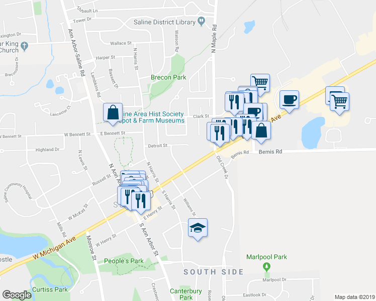 map of restaurants, bars, coffee shops, grocery stores, and more near 356 Detroit Street in Saline