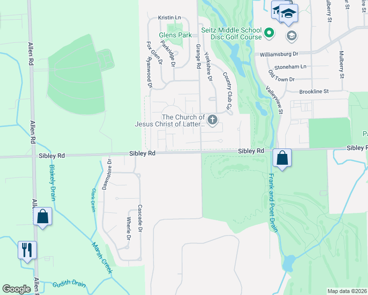map of restaurants, bars, coffee shops, grocery stores, and more near Grange Road in Riverview