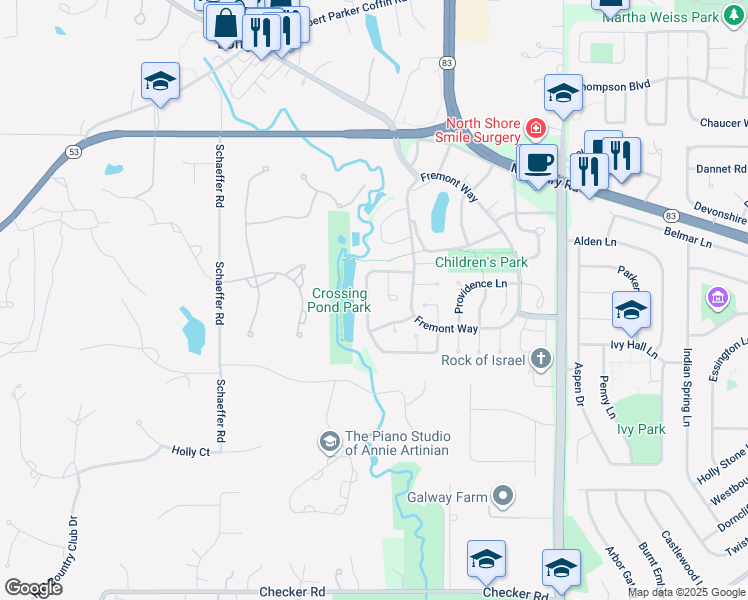 map of restaurants, bars, coffee shops, grocery stores, and more near 1573 Bunescu Lane in Buffalo Grove