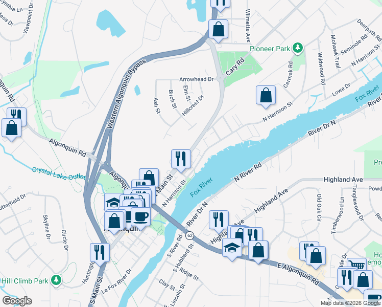map of restaurants, bars, coffee shops, grocery stores, and more near 404 North Harrison Street in Algonquin