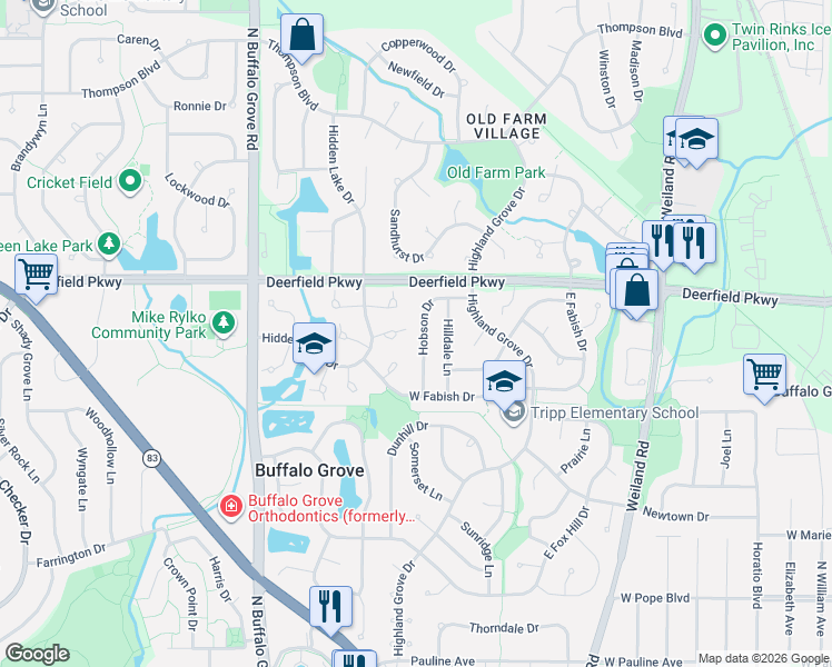 map of restaurants, bars, coffee shops, grocery stores, and more near 911 Hobson Drive in Buffalo Grove