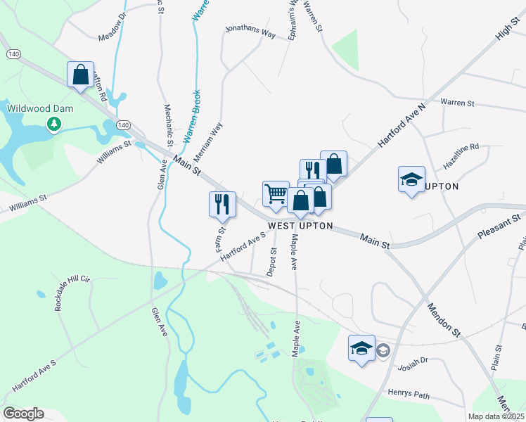 map of restaurants, bars, coffee shops, grocery stores, and more near 3 Depot Street in Upton