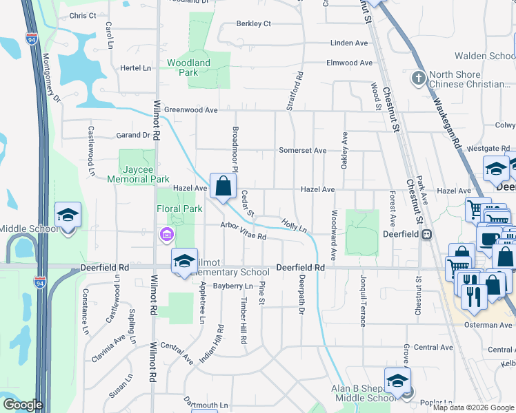 map of restaurants, bars, coffee shops, grocery stores, and more near 916 Cedar Street in Deerfield