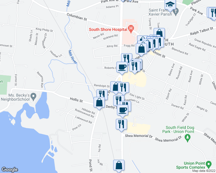 map of restaurants, bars, coffee shops, grocery stores, and more near 12 Randolph Street in Weymouth