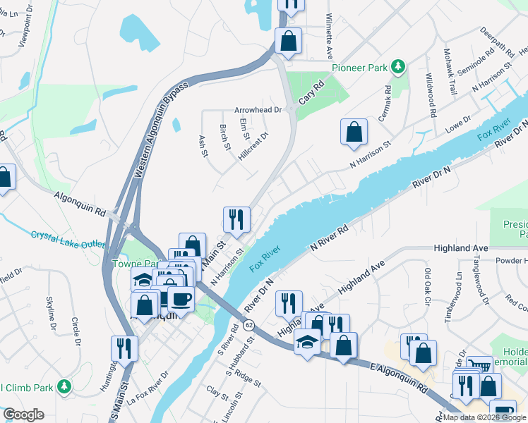 map of restaurants, bars, coffee shops, grocery stores, and more near 515 North Harrison Street in Algonquin