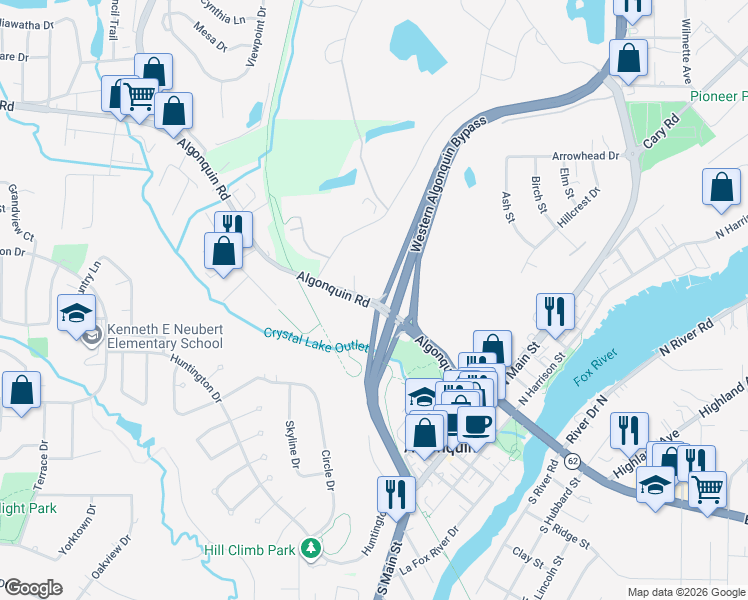map of restaurants, bars, coffee shops, grocery stores, and more near 801 West Algonquin Road in Algonquin