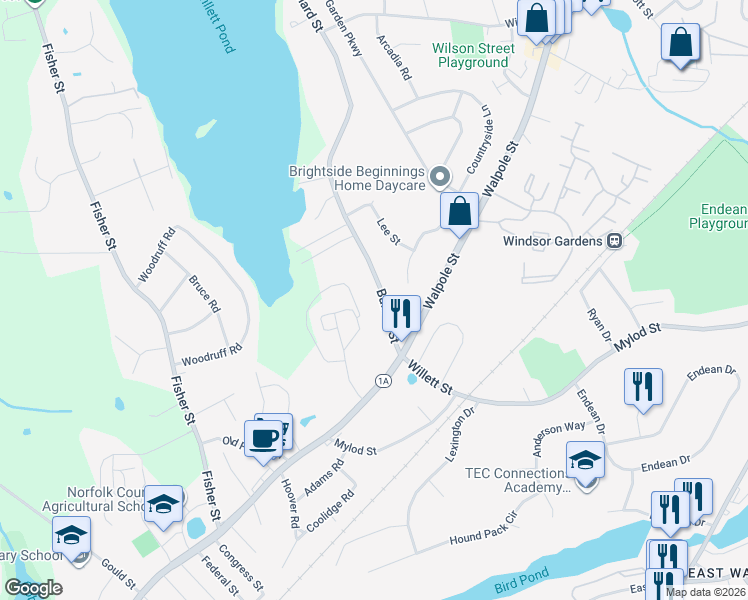 map of restaurants, bars, coffee shops, grocery stores, and more near 18 Bullard Street in Walpole