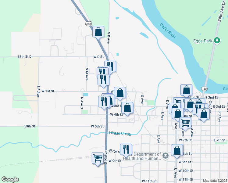 map of restaurants, bars, coffee shops, grocery stores, and more near West 1st Street in Vinton