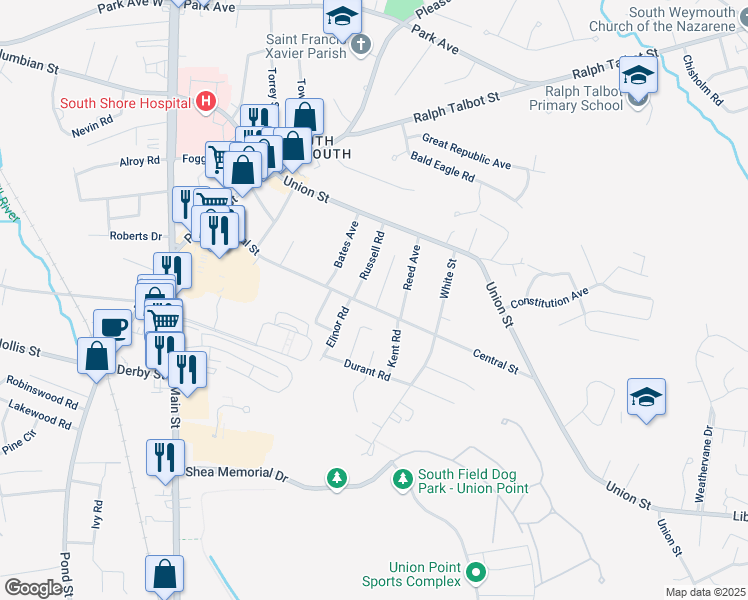 map of restaurants, bars, coffee shops, grocery stores, and more near 46 Clark Road in Weymouth