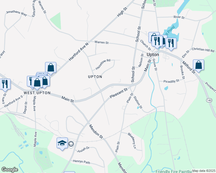 map of restaurants, bars, coffee shops, grocery stores, and more near 69 Main Street in Upton