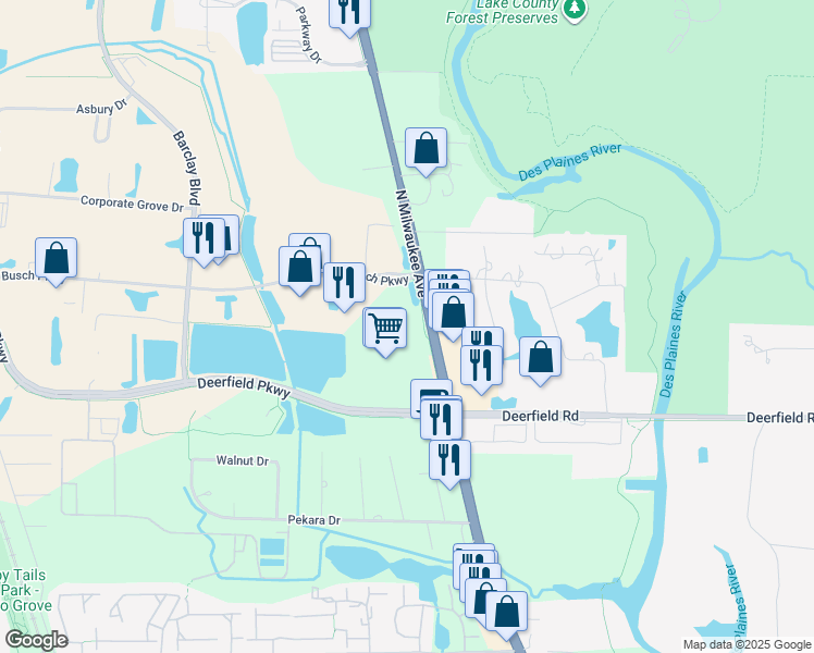 map of restaurants, bars, coffee shops, grocery stores, and more near 1515 Busch Parkway in Buffalo Grove