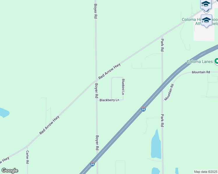 map of restaurants, bars, coffee shops, grocery stores, and more near 3368 Bluebird Lane in Coloma