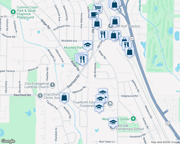 map of restaurants, bars, coffee shops, grocery stores, and more near 1011 Windsor Road in Highland Park